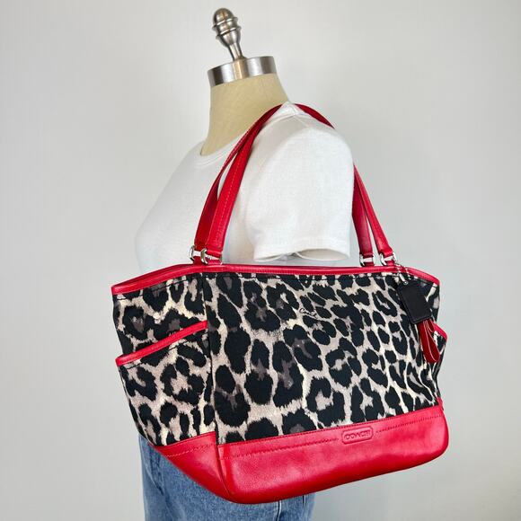 COACH Leopard Print Canvas Red Leather Tote Shoulder Purse Bag Authentic - Picture 16 of 16